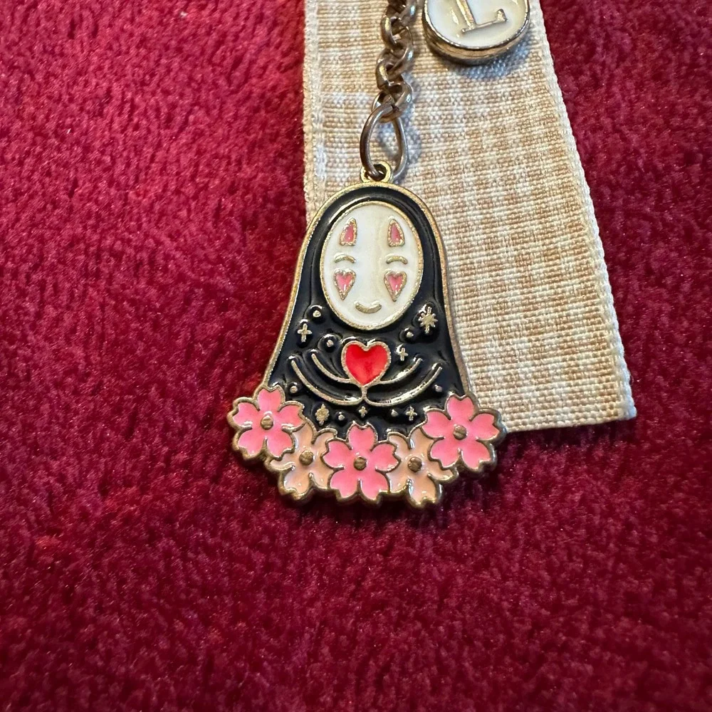 No Face Spirited Away Enamel Keychain Initial L Cherry Blossom Fan Gold Tone